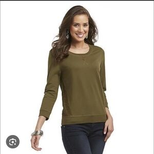 Route 66 French Terry Olive Green 3/4 Sleeve Sweater Top Lace Panel Accents L
